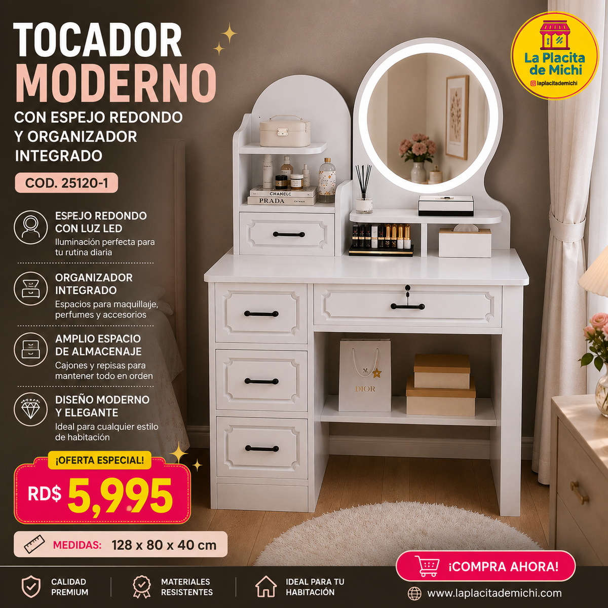 ✨🪞 TOCADOR MODERNO CON ESPEJO REDONDO Y ORGANIZADOR INTEGRADO ✨🪞
🆔 (Cod. 25120-1)
💰RD$5,995
📏 Medidas: 128 x 80 x 40 cm