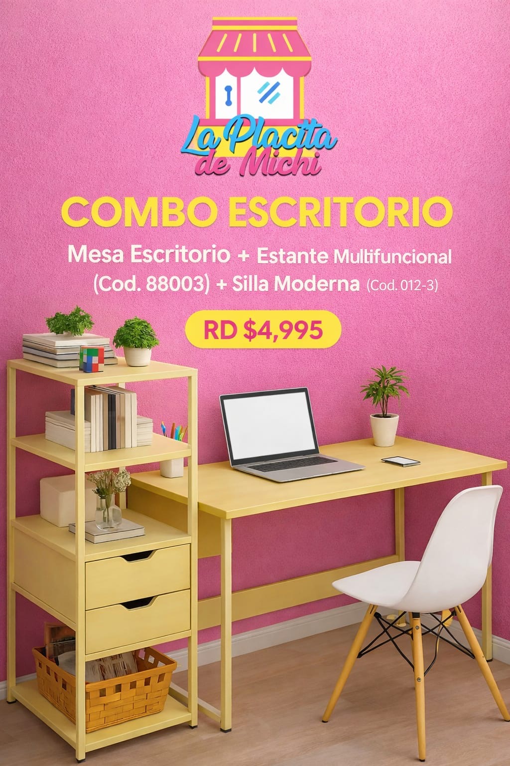 Combo de Mesa Escritorio + Estante Multifuncional
(Cod. 88003) + * Silla Moderna (Cod.012-3)
💰RD $4,995