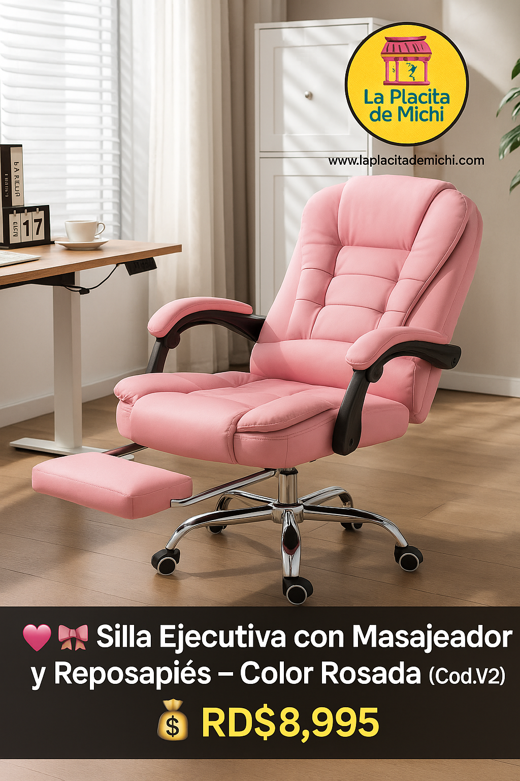 🩷🎀 Silla Ejecutiva con Masajeador y Reposapiés – Color Rosada  (Cod.V2)
💰 RD$8,995