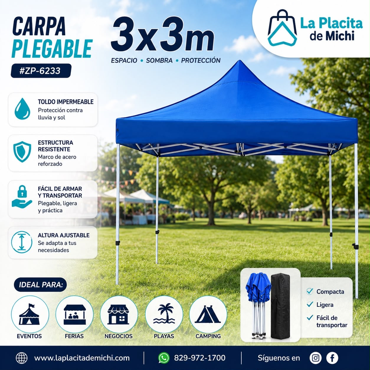 ⛺ CARPA PLEGABLE 3x3M ALTA CALIDAD REFORZADA – ESPACIO, SOMBRA Y PROTECCIÓN DONDE LA NECESITES
(Cod. ZP-6233)
💰RD$4,995