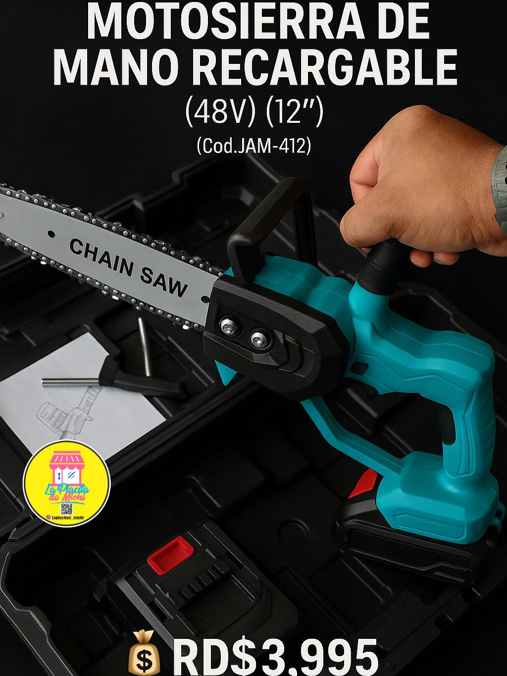 🌳⚡¡Potencia en tus manos! ✨🔋
Motosierra de Mano Recargable (48v) (12”)
(Cod.JAM-412)