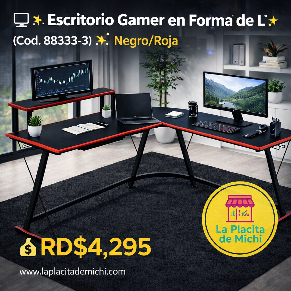 🔥 COMBO SETUP GAMER PRO – RENDIMIENTO SIN COMPROMISOS 🔥
🖥️ Escritorio Gamer en Forma de L – Negro/Rojo (Cod. 88333-3) + Silla Gamer
💰RD$8,995