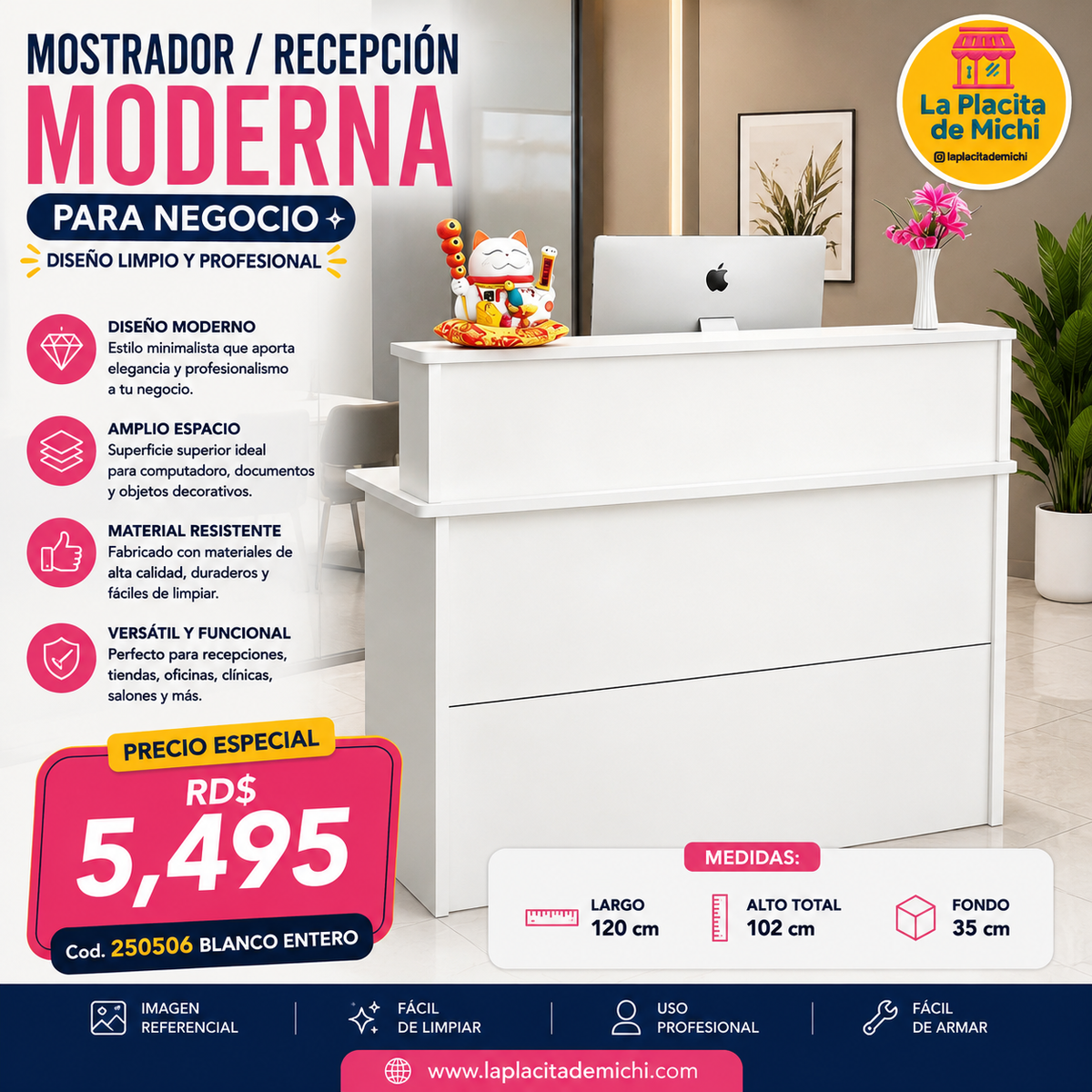 🧾✨ MOSTRADOR CAUNTER / RECEPCIÓN MODERNA PARA NEGOCIO – DISEÑO LIMPIO Y PROFESIONAL ✨🧾 (Cod. 250506 BLANCO ENTERO)
💰 Precio: RD$5,495
📏 Medidas:
• Largo: 120 cm
• Alto total: 102 cm
• Fondo: 35 cm