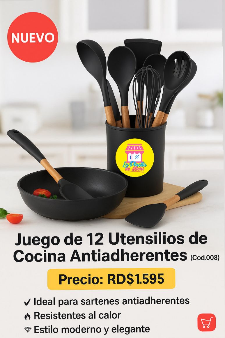 🍳✨ Dale estilo y practicidad a tu cocina con este Set de Utensilios de Silicona con Mango de Madera ✨🍴
🍳 Juego de 12 Utensilios de Cocina Antiadherentes (Cod.008)
💰 Precio: RD$995 (Oferta 🔥🔥🔥)
