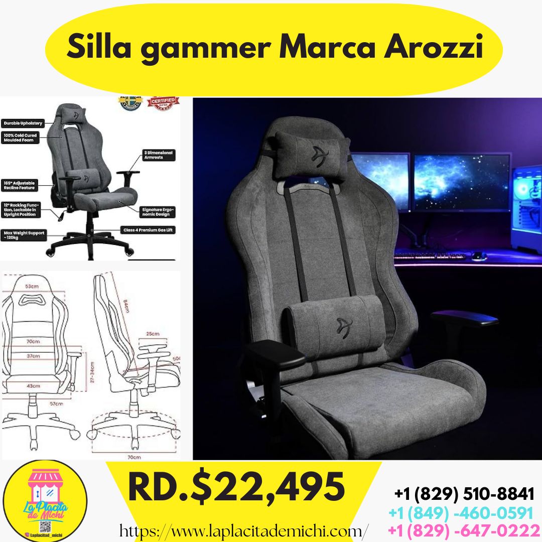 Silla gammer Marca Arozzi
Silla de juegos de tela suave, silla de oficina ergonómica transpirable repelente de líquidos con altura ajustable, reposabrazos 3D y 2 almohadas de apoyo (Ash)