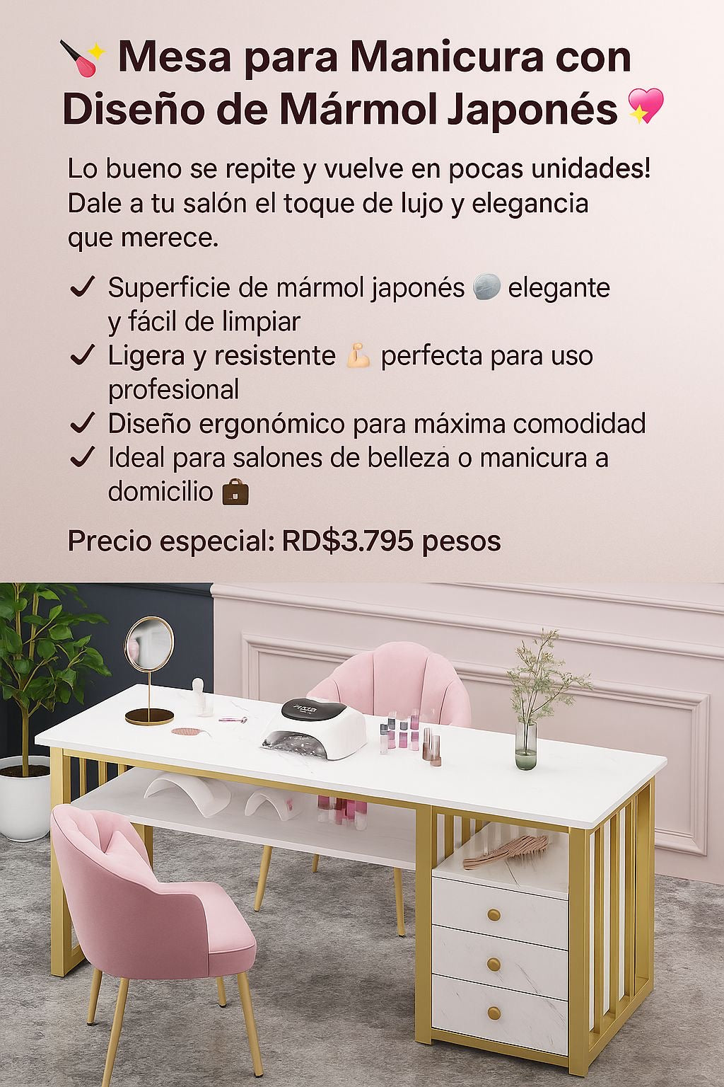 💅✨ Mesa para Manicura con Diseño de Mármol Japonés 🪷💖 (Cod.290001)