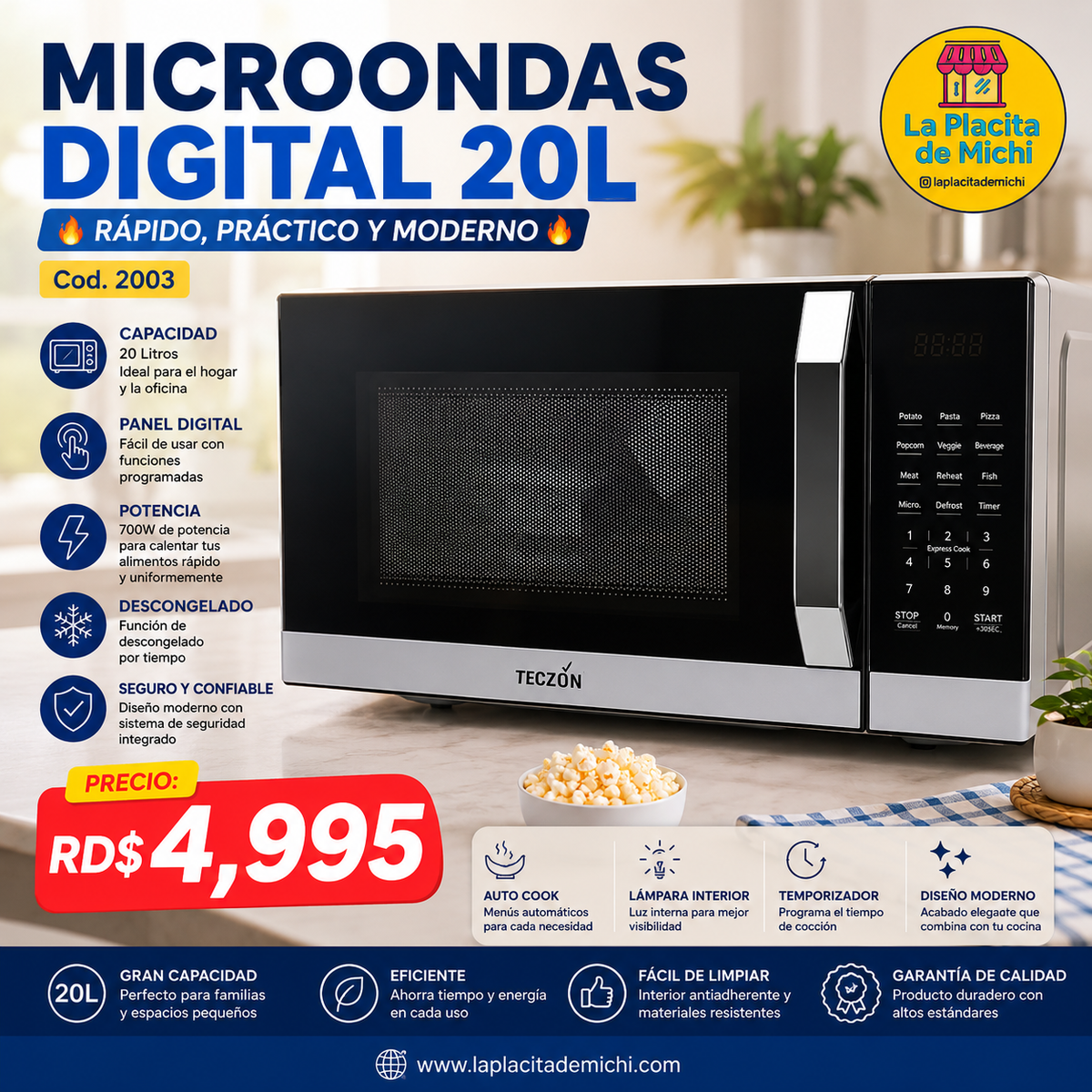 🔥🍽️ MICROONDAS DIGITAL 20L – RÁPIDO, PRÁCTICO Y MODERNO 🍽️🔥 (Cod. 2003)
💰 Precio: RD$4,995