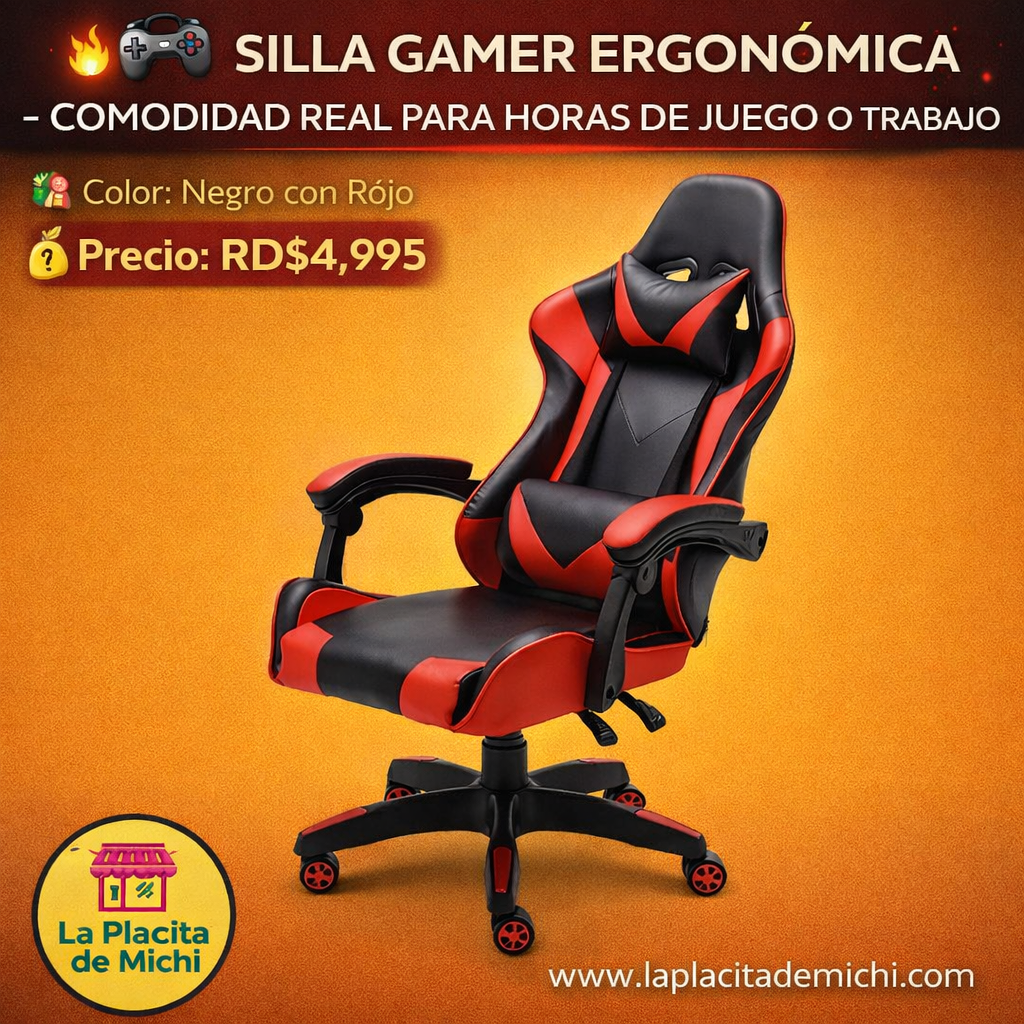 🎮🔥 SILLA GAMER ERGONÓMICA – COMODIDAD REAL PARA HORAS DE JUEGO O TRABAJO 🔥🎮
🎨 Color: Negro con Rojo
💰 Precio: RD$4,995
