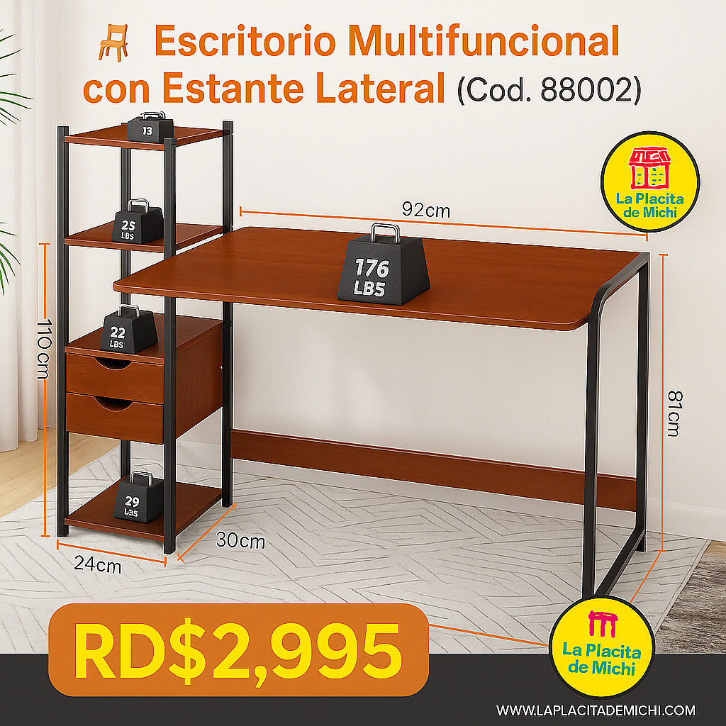 🪑✨ Escritorio Multifuncional con Estante Lateral (Color Marrón) (Cod. 88002) ✨🪑
💰 RD$2,995