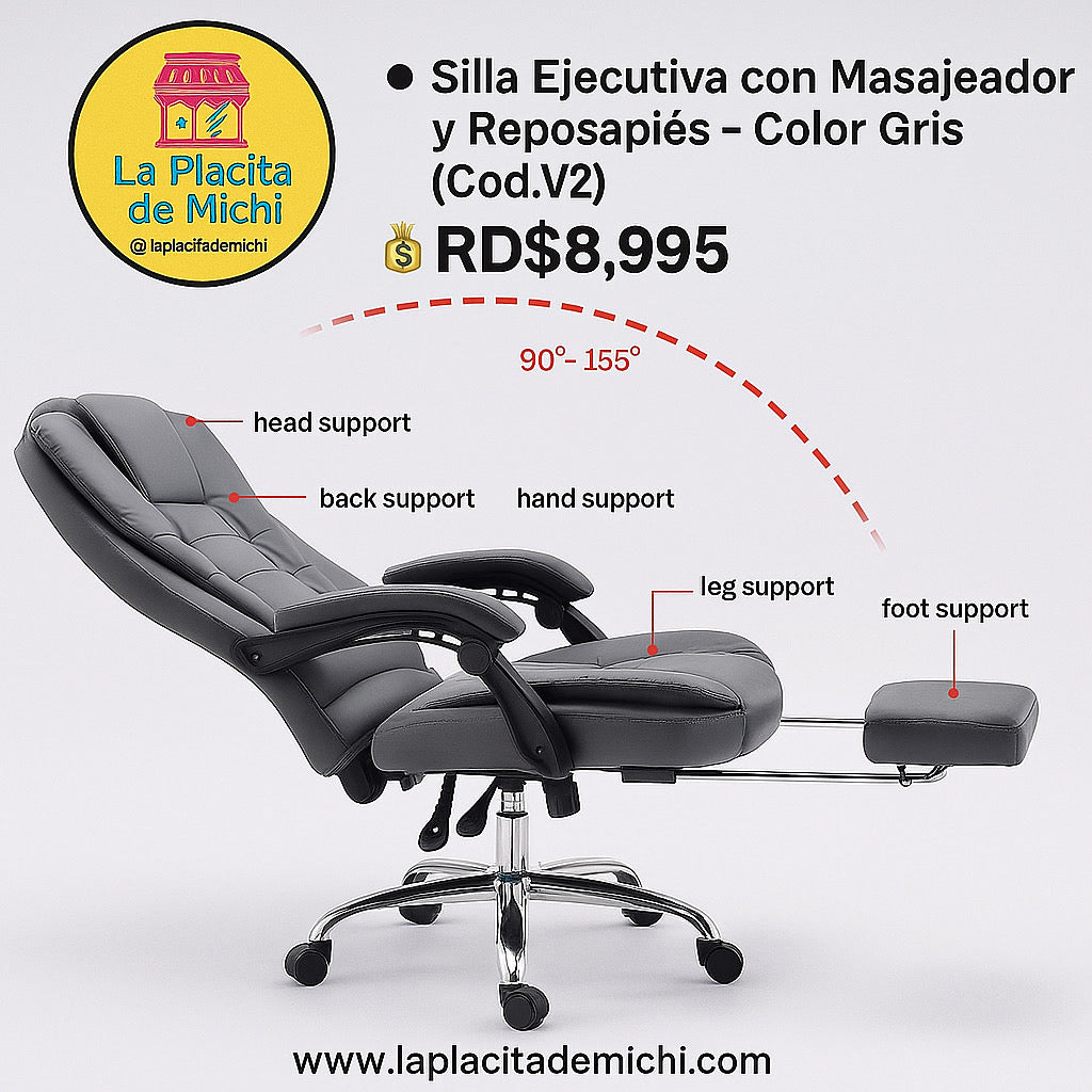 🔘 Silla Ejecutiva con Masajeador y Reposapiés – Color Gris (Cod.V2)
💰 RD$8,995