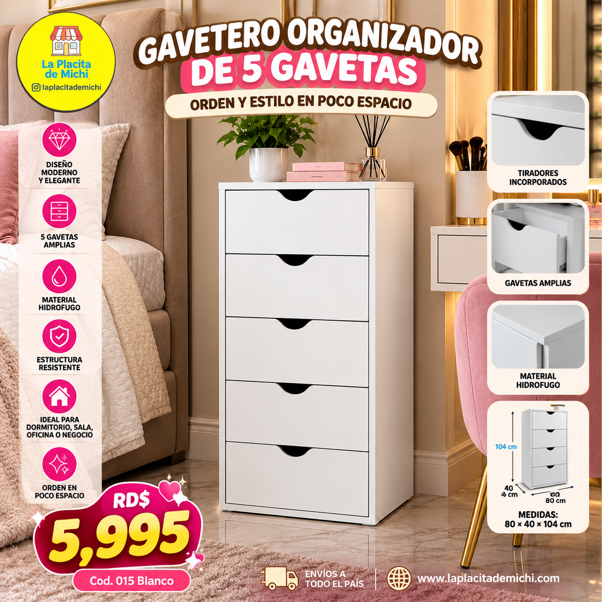 ✨🤍 GAVETERO ORGANIZADOR DE 5 GAVETAS – ORDEN Y ESTILO EN POCO ESPACIO 🤍✨
🆔(Cod. 015 Blanco)
💰RD$5,995
- Material Hidrofugo (Armado) (Medidas: 80x35x38 cm)