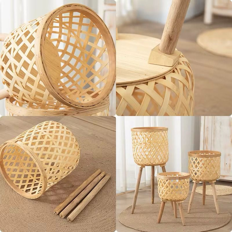 Maceta de madera de ratán Artificial para el hogar, soporte ajustable de Metal, macetas de cerámica y maceta de flores para jardín, interior. (Cod.06-4)