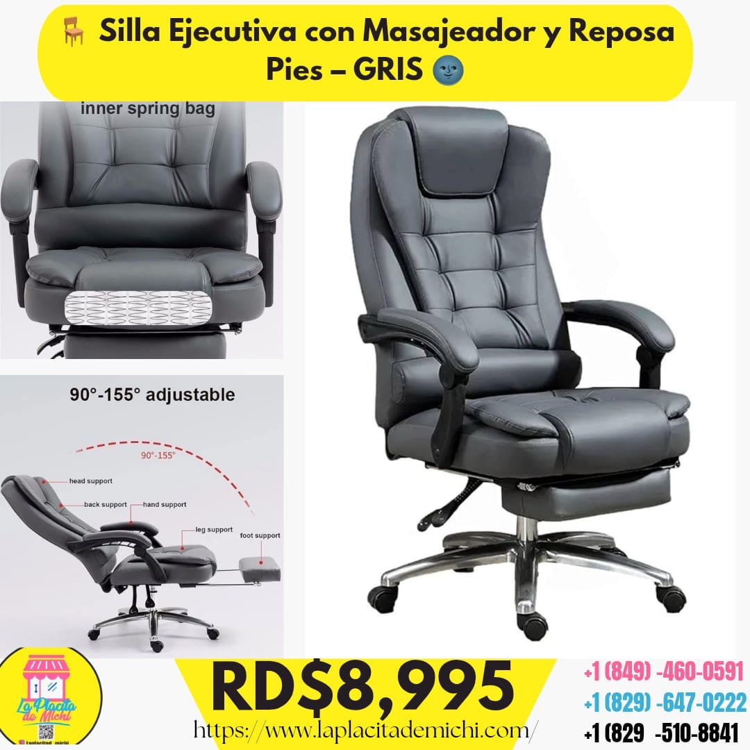 🔘 Silla Ejecutiva con Masajeador y Reposapiés – Color Gris (Cod.V2)
💰 RD$8,995
