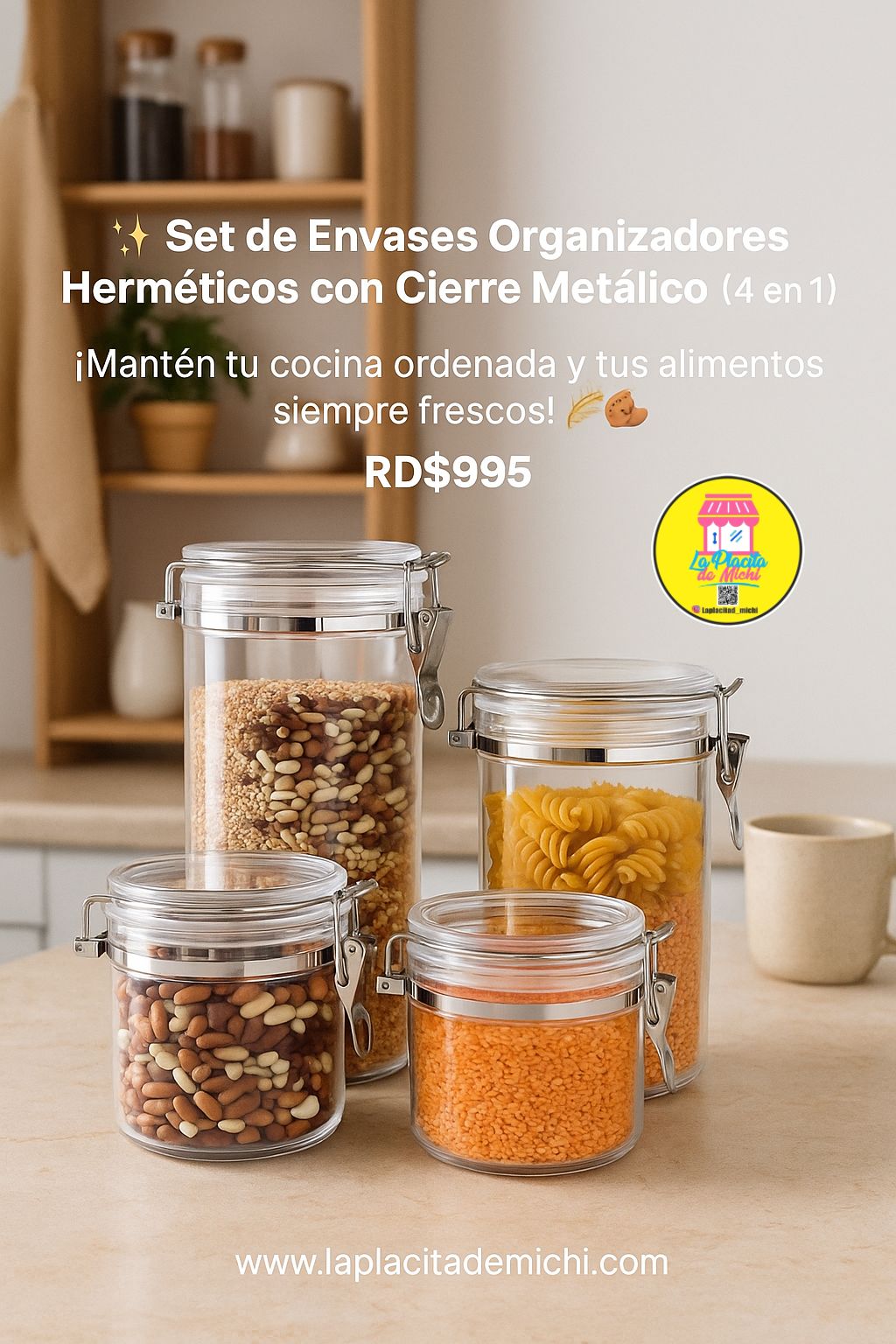 ✨ Set de Envases Organizadores Herméticos con Cierre Metálico (4 en 1)✨
¡Mantén tu cocina ordenada y tus alimentos siempre frescos! 🌾🍪☕