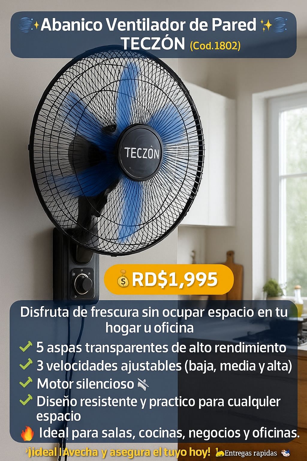 🌬️✨ Abanico Ventilador de Pared TECZÓN ✨🌬️ (Cod.1802)