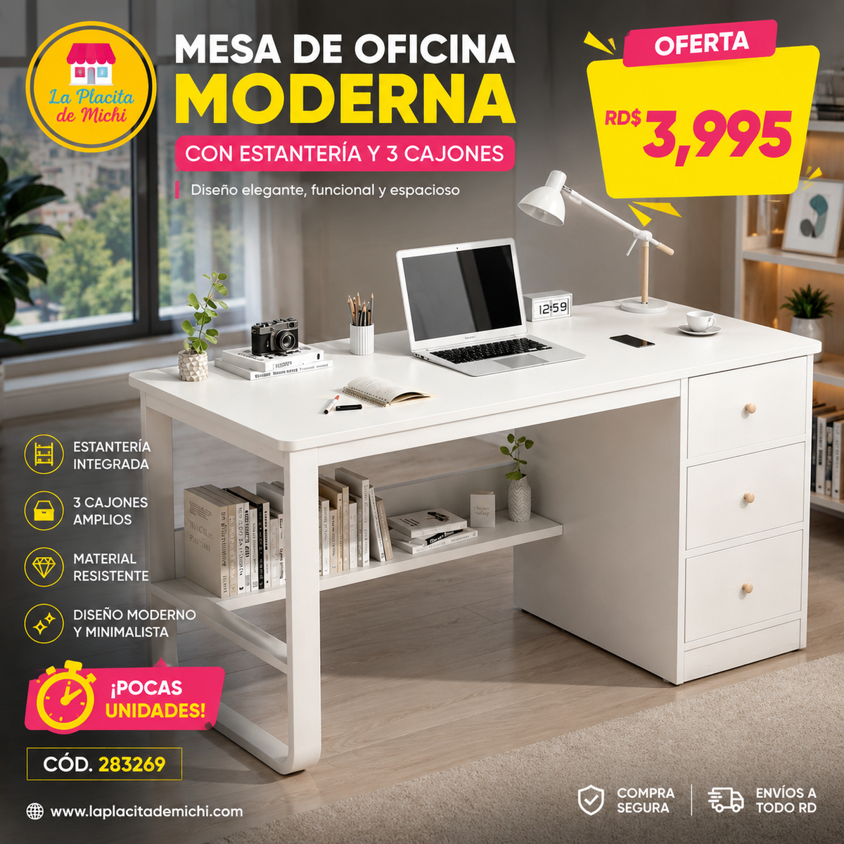 🪑💼 Mesa Blanca de Oficina Moderna con Estantería y 3 Cajones 📌 (Cod. 283269)
💰 RD$3,995