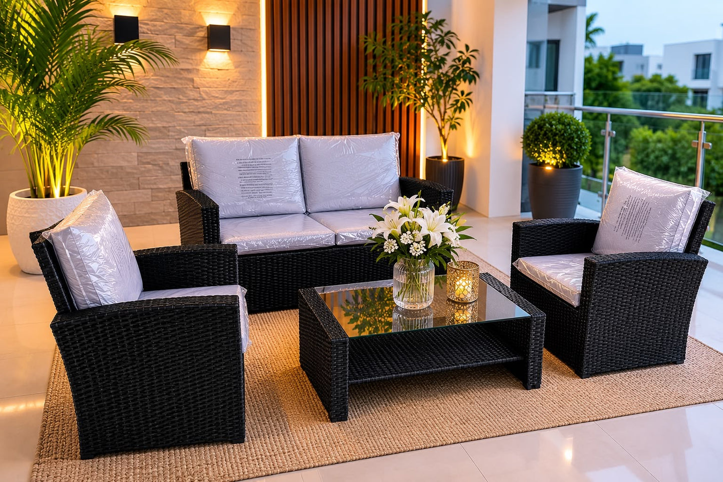 🖤✨ JUEGO DE SALA EXTERIOR PREMIUM EN RATÁN SINTÉTICO – 4 PIEZAS ✨🖤 (Cod. 150 Negro)
💰 RD$17,995
