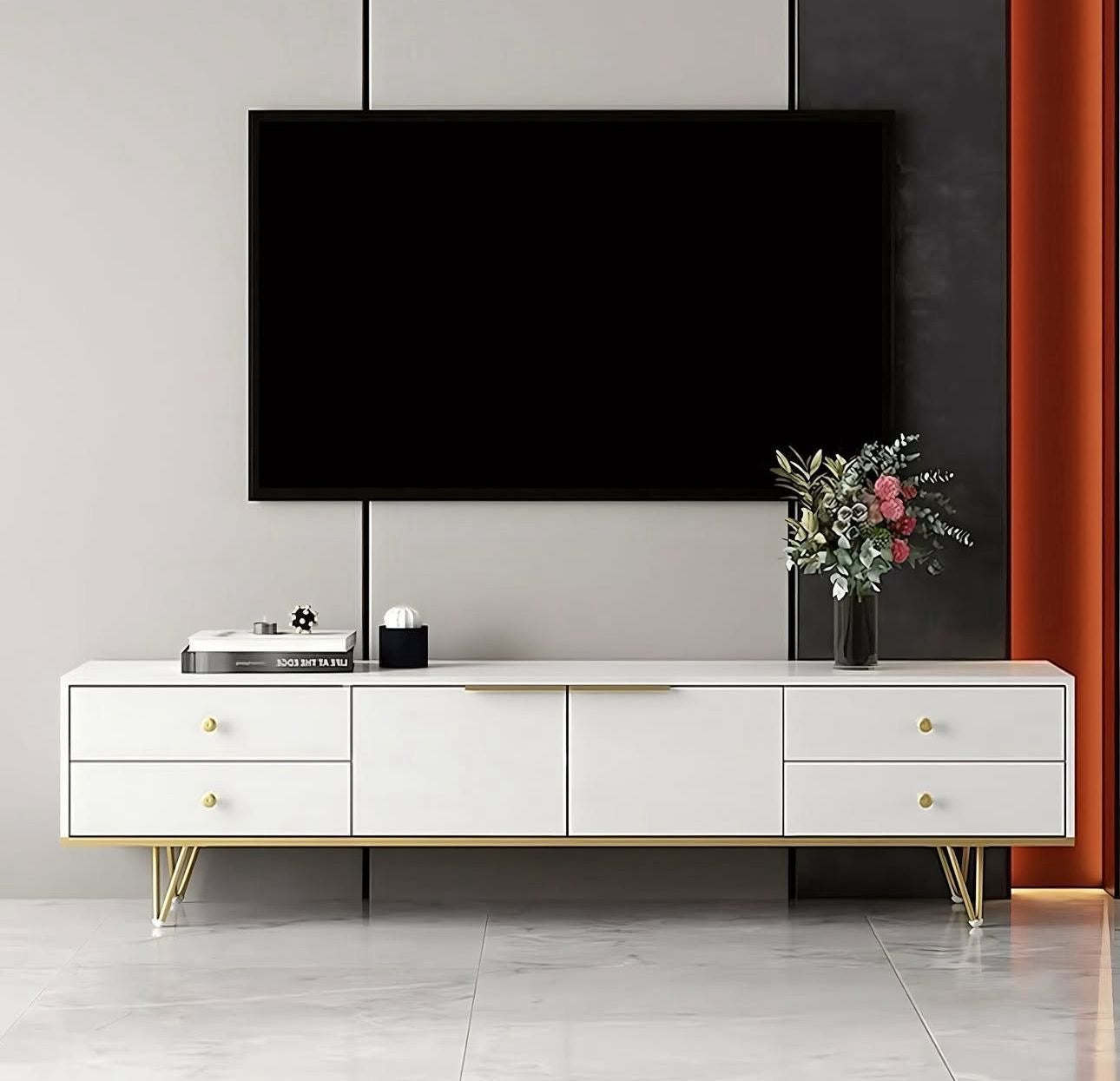 🧼✨ Mueble de TV Moderno Minimalista – Blanco con Detalles Dorados ✨🧼
📏 140 cm | Cod. f49
💰 RD$4,495