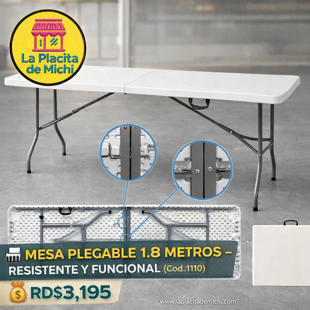 🪑 MESA PLEGABLE 1.8 METROS – RESISTENTE Y FUNCIONAL (Cod.1110)
💰 RD$3,195