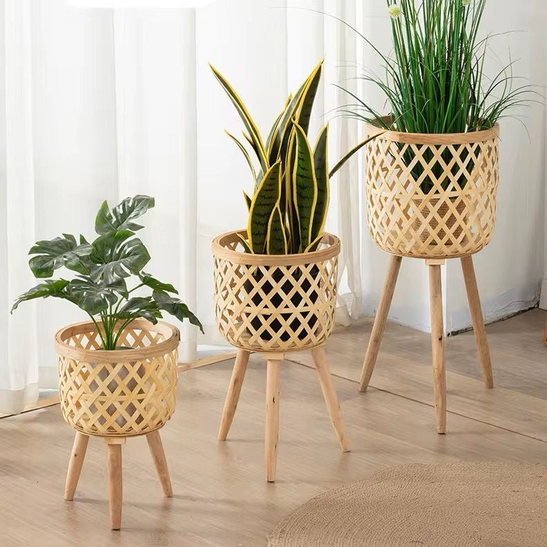 Maceta de madera de ratán Artificial para el hogar, soporte ajustable de Metal, macetas de cerámica y maceta de flores para jardín, interior. (Cod.06-4)