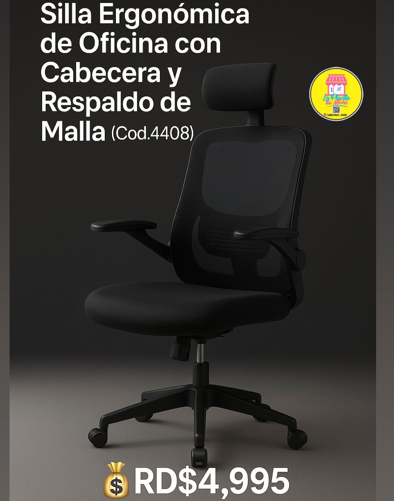 🖤 Silla Ergonómica de Oficina con Cabecera & Respaldo de Malla (Cod.4408)
💰RD$4,995