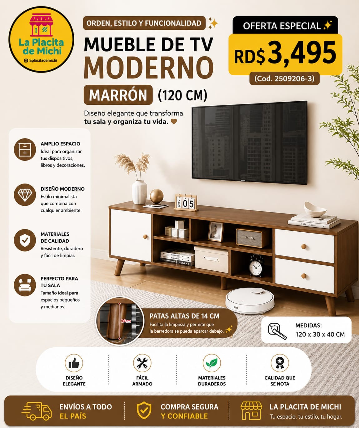 🖥️✨ MUEBLE DE TV MODERNO MARRÓN (120 CM) – ORDEN, ESTILO Y FUNCIONALIDAD ✨🖥️ (Cod. 2509206-3)
💰RD$3,495