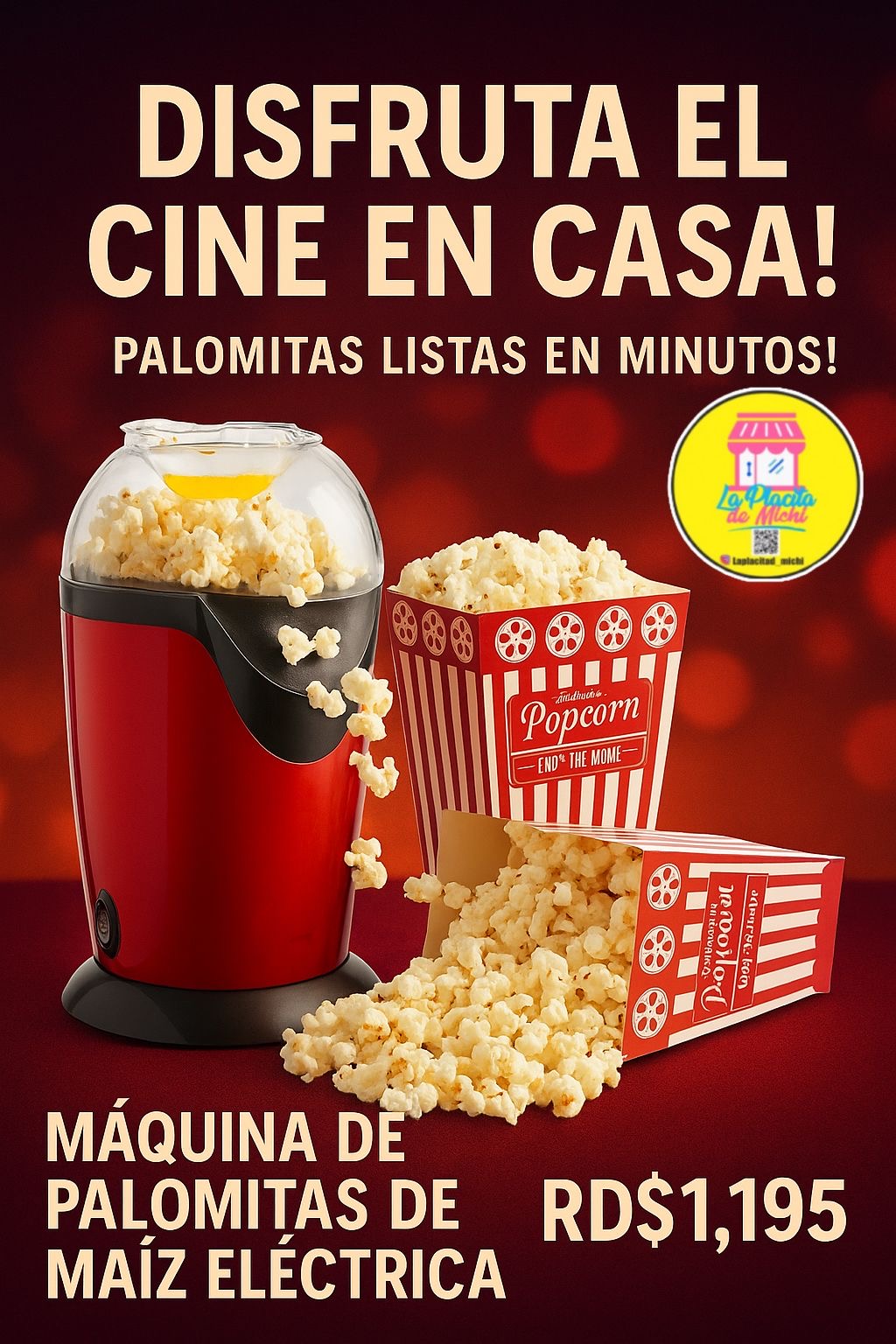 🍿✨ Máquina Eléctrica de Palomitas de Maíz sin Aceite ✨🍿
💰 RD$1,195