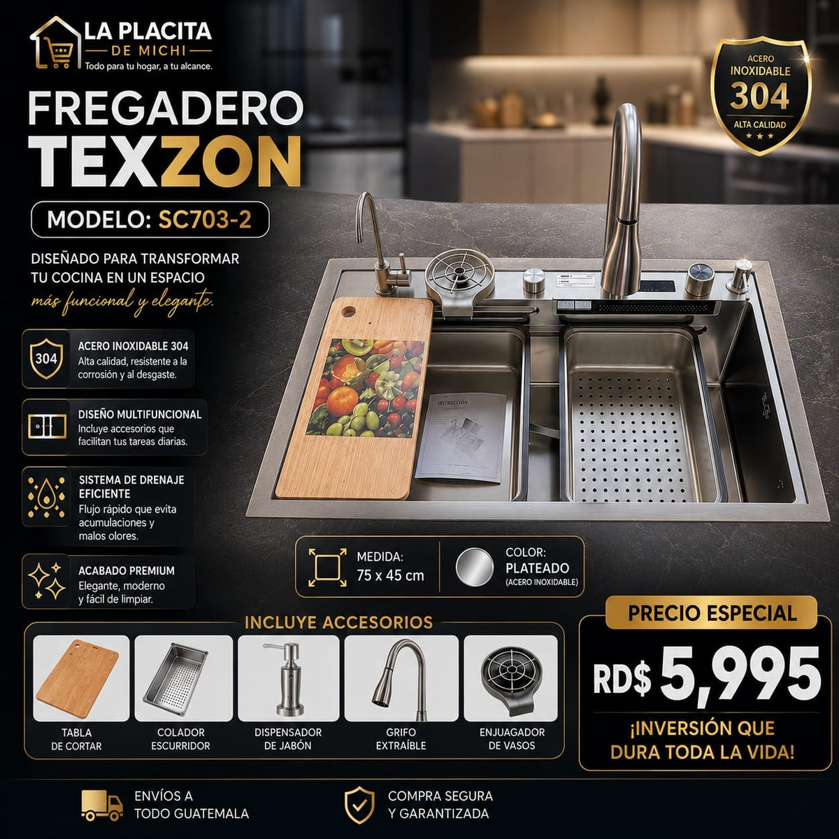 ✨🚿 FREGADERO MULTIFUNCIONAL DE LUJO – TODO EN UNO PARA TU COCINA 🚿✨
🆔 Modelo: SC703-2
📏 Medida: 75 × 45 cm
🎨 Color: Plateado (Acero inoxidable)
💰 Precio: RD$5,995