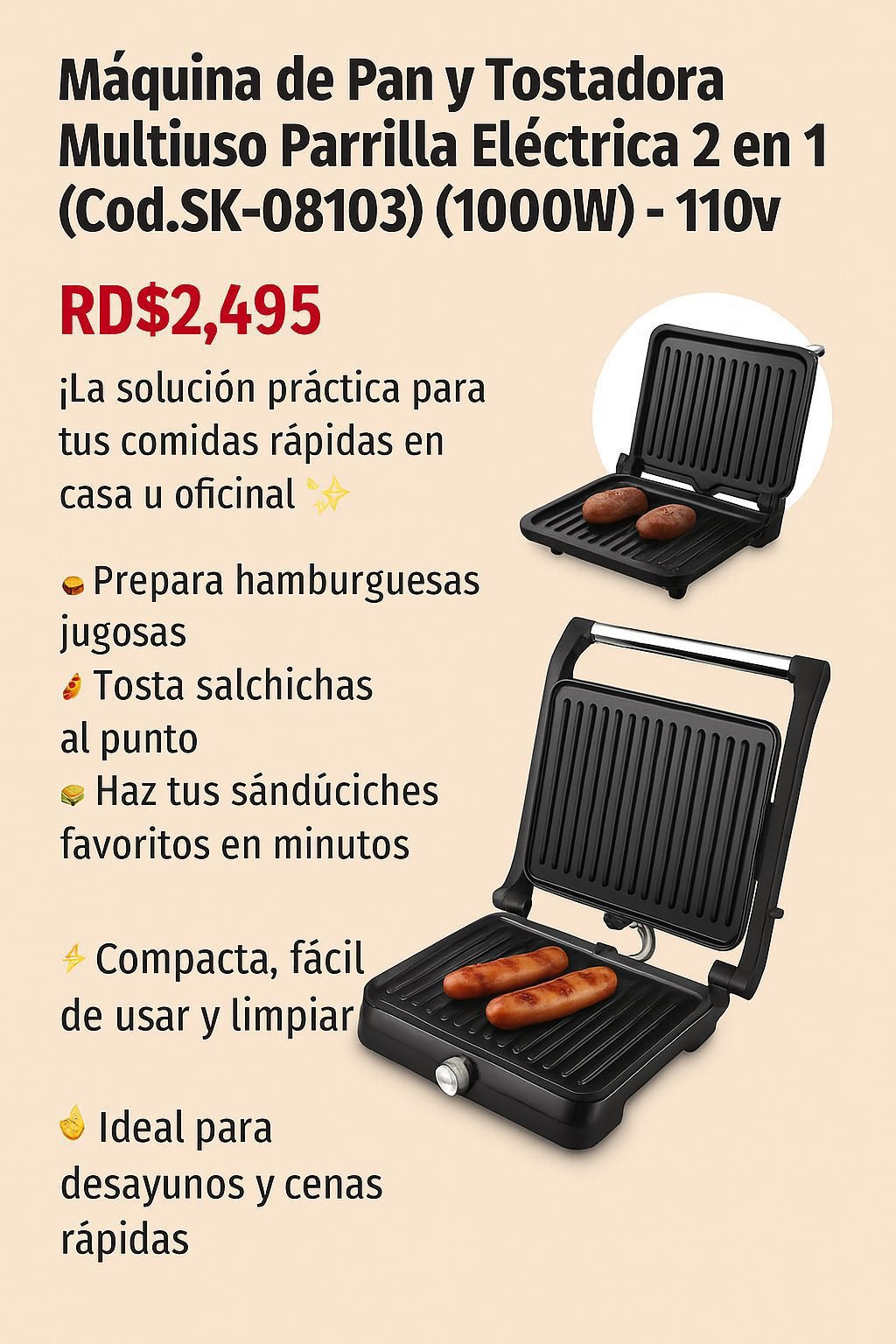 🍞🔥 Máquina de Pan y Tostadora Multiuso
Parrilla Eléctrica 2 en 1 (Cod.sk-08103) (1000w) -110v