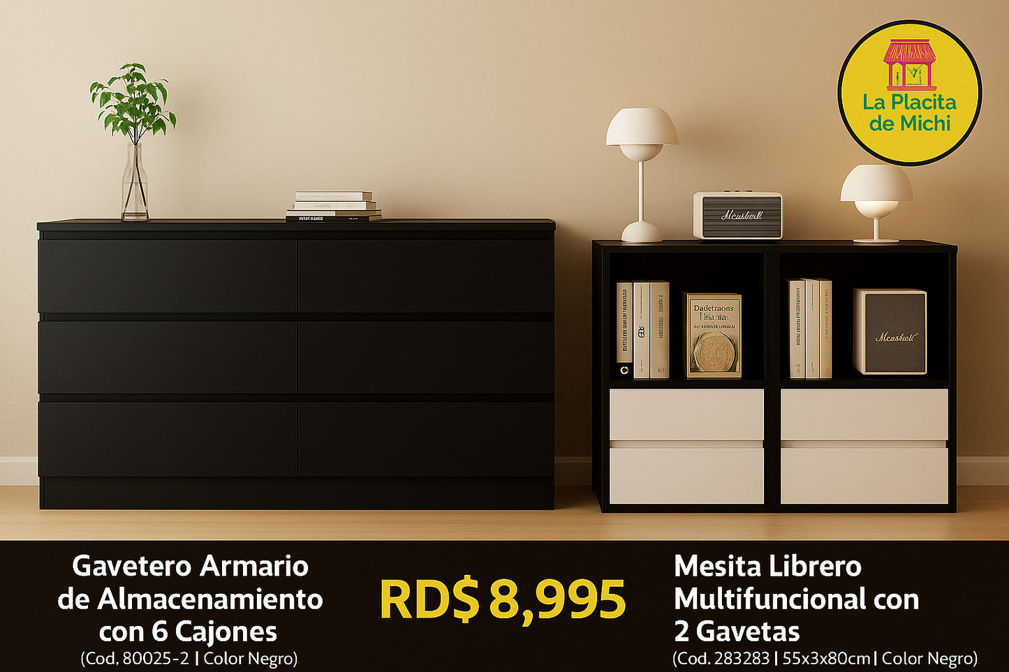 🧺 Gavetero Armario de Almacenamiento con 6 Cajones
(Cod. 80025-2 | Color Negro)
🪵 Mesita Librero Multifuncional con 2 Gavetas.
(Cod. 283283 | 55×30×80cm | Color Negro)
💰RD$8,995