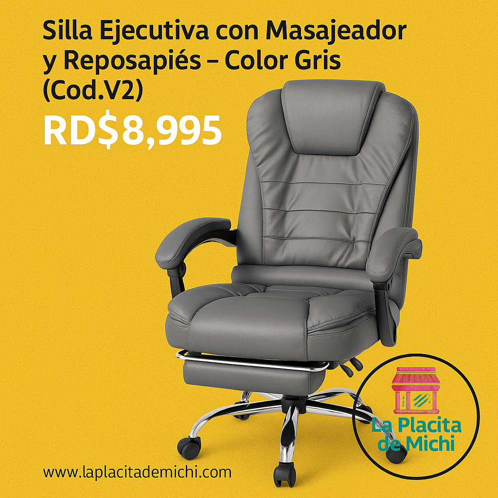 🔘 Silla Ejecutiva con Masajeador y Reposapiés – Color Gris (Cod.V2)
💰 RD$8,995