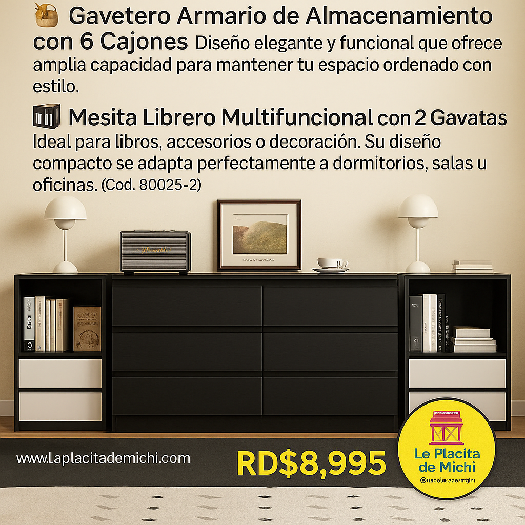 🧺 Gavetero Armario de Almacenamiento con 6 Cajones
(Cod. 80025-2 | Color Negro)
🪵 Mesita Librero Multifuncional con 2 Gavetas.
(Cod. 283283 | 55×30×80cm | Color Negro)
💰RD$8,995