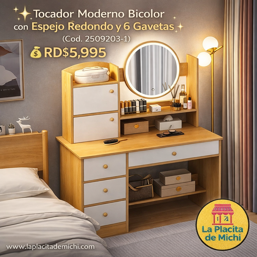 ✨ Tocador Moderno Bicolor con Espejo Redondo y 6 Gavetas ✨(Cod. 2509203-1)
💰RD$5,995