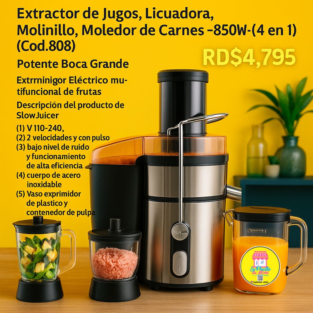 Extractor de Jugos, Licuadora, Molinillo, Moledor de Carnes -850W- (4 en 1) (Cod.808)