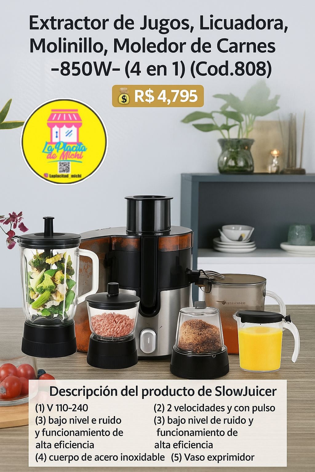 Extractor de Jugos, Licuadora, Molinillo, Moledor de Carnes -850W- (4 en 1) (Cod.808)