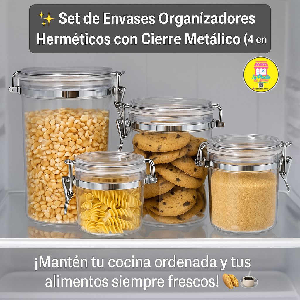 ✨ Set de Envases Organizadores Herméticos con Cierre Metálico (4 en 1)✨
¡Mantén tu cocina ordenada y tus alimentos siempre frescos! 🌾🍪☕