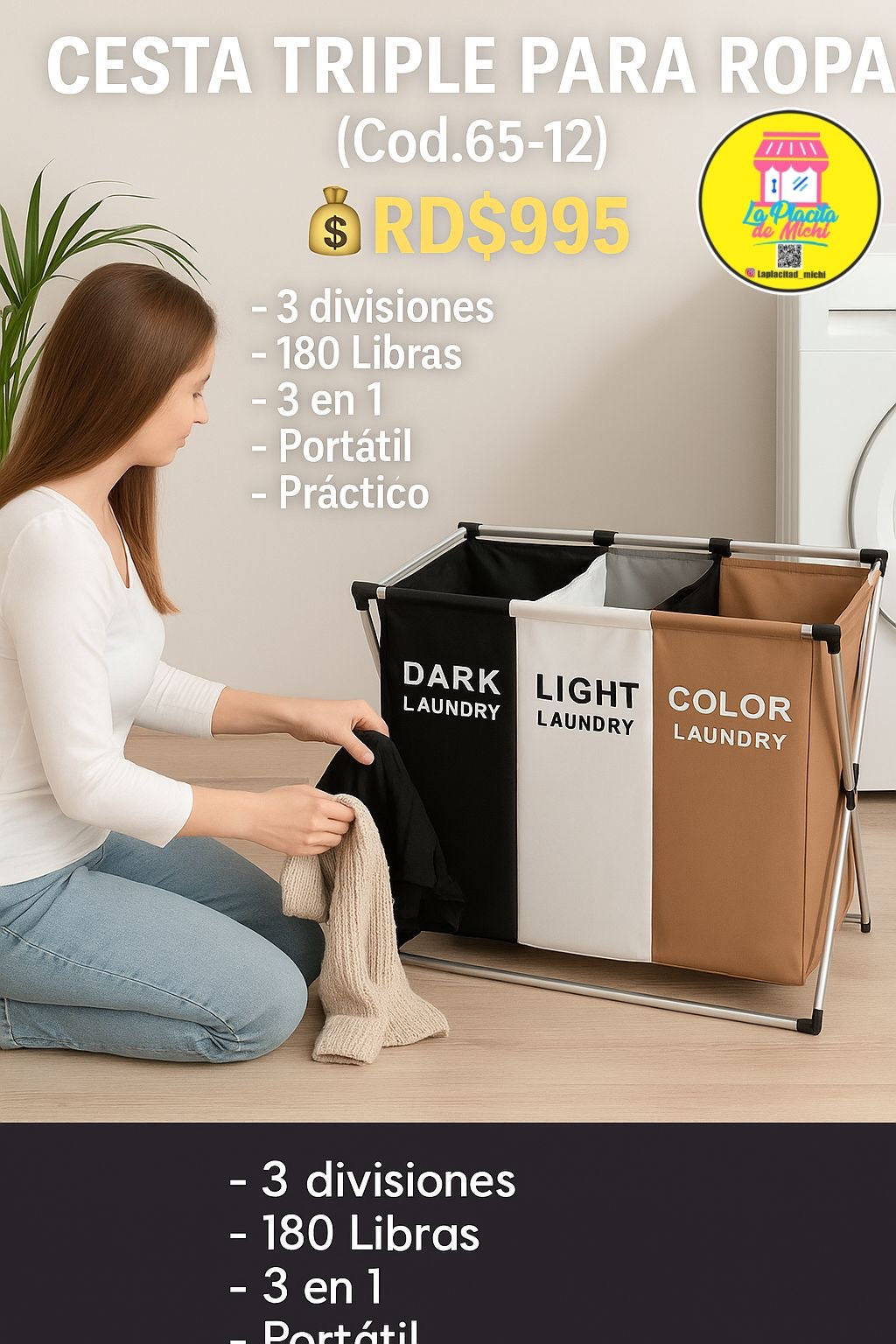 🧺 Cesta de Ropa Triple Compartimiento – Orden Inteligente en Casa 🧺 (Cod. 65-12)
💰RD$995