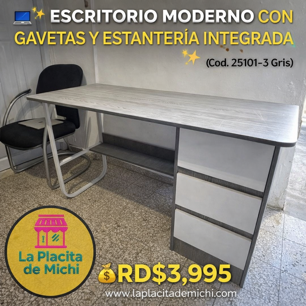 🖥️✨ ESCRITORIO MODERNO CON GAVETAS Y ESTANTERÍA INTEGRADA ✨🖥️ (Cod. 25101-3 Gris)
💰RD$3,995