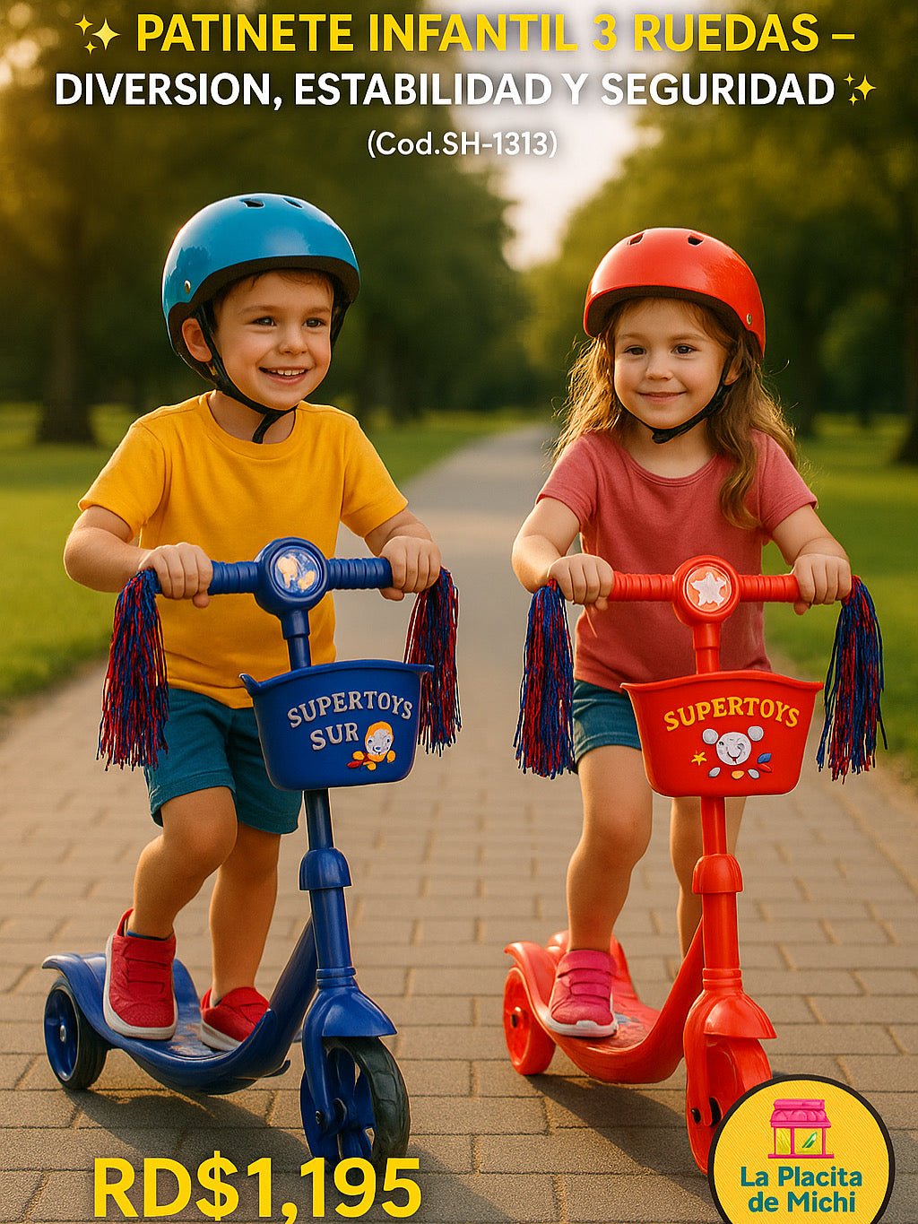 🛴✨ Patinete Infantil 3 Ruedas – Diversión, Estabilidad y Seguridad ✨🛴
(Cod.SH-1313)
💰RD$1,195