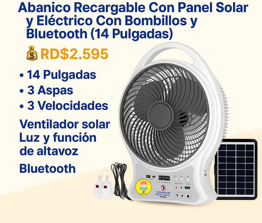 Abanico Recargable Con Panel Solar y Eléctrico Con Bombillos y Bluetooth (14 Pulgadas)