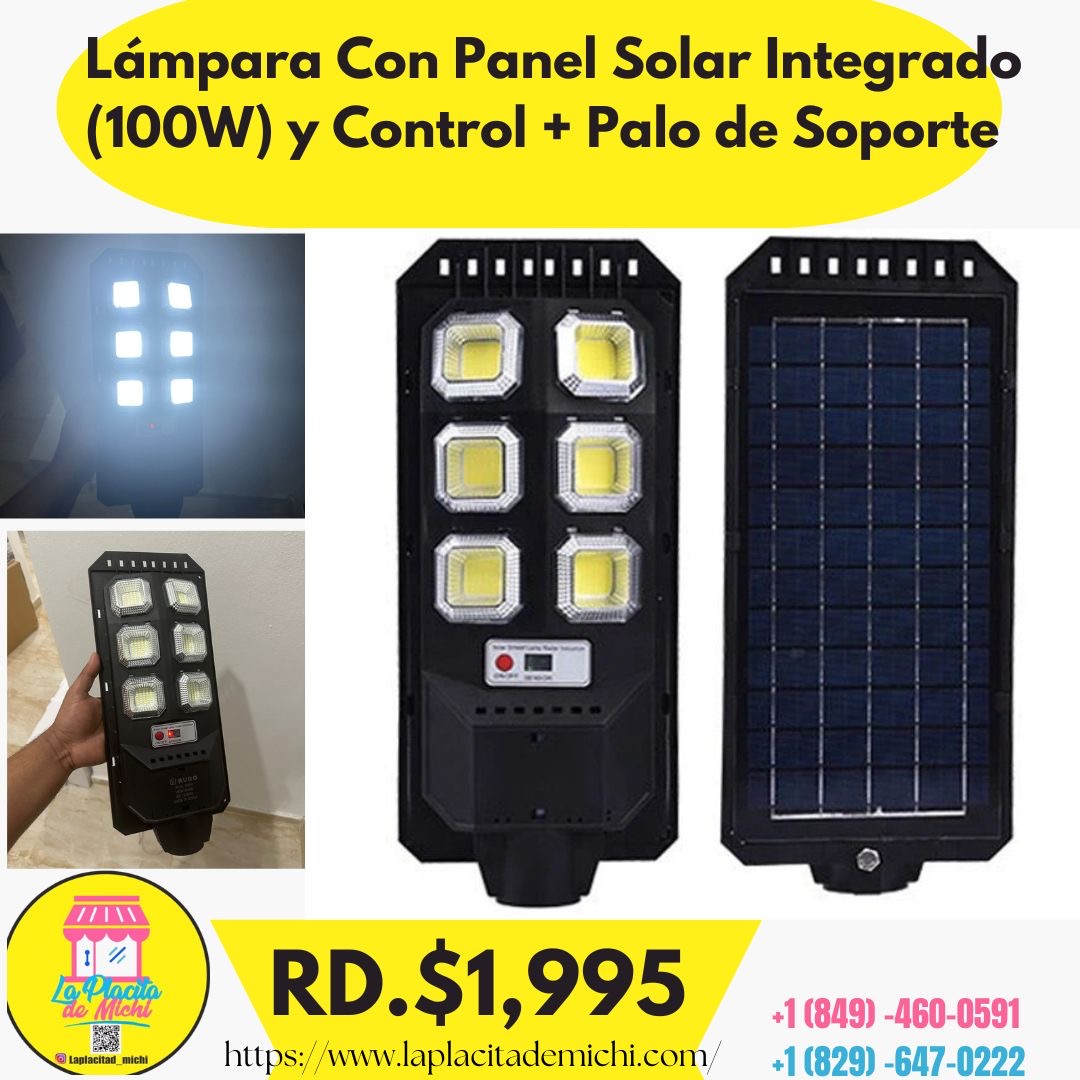 Lámpara Con Panel Solar Integrado (100W) y Control + Palo de Soporte