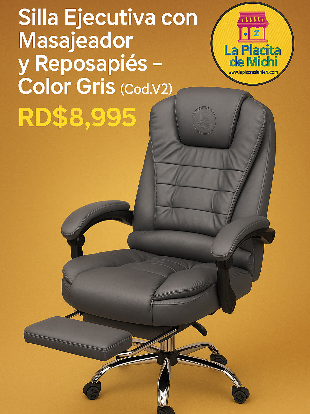 🔘 Silla Ejecutiva con Masajeador y Reposapiés – Color Gris (Cod.V2)
💰 RD$8,995