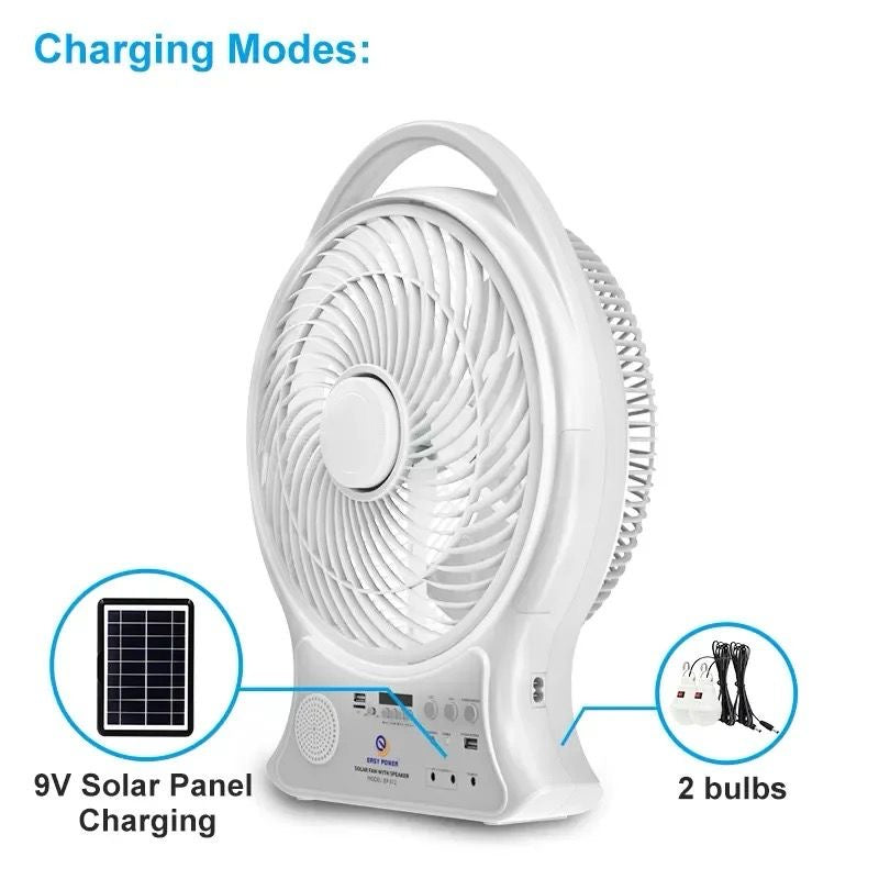 Abanico Recargable Con Panel Solar y Eléctrico Con Bombillos y Bluetooth (14 Pulgadas)