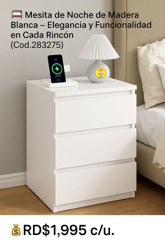 🛏️ Mesita de Noche de Madera Blanca – Elegancia y Funcionalidad en Cada Rincón
(Cod.283275)