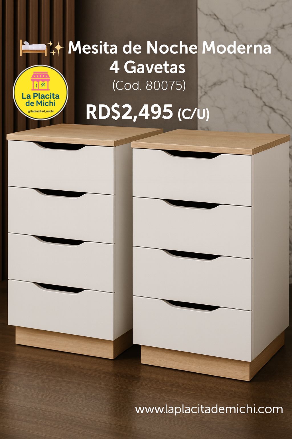 🛏️✨ Mesita de Noche Moderna 4 Gavetas ✨🛏️ (Cod. 80075) 80x30cm
💰RD$2,495 (C/U)
