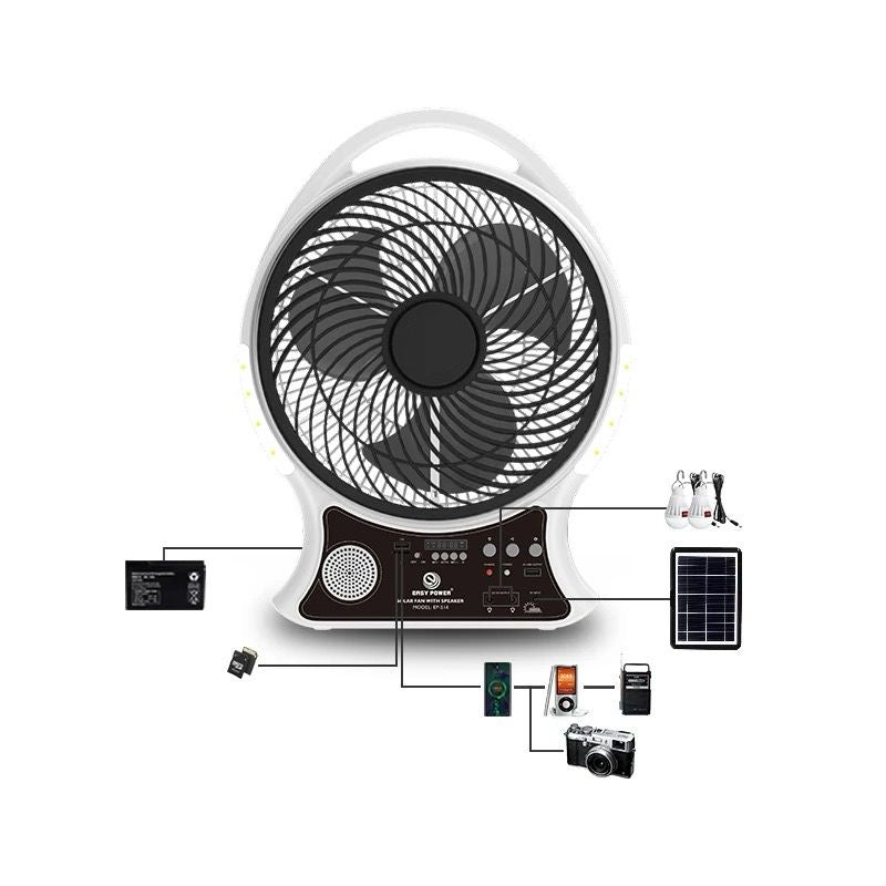 Abanico Recargable Con Panel Solar y Eléctrico Con Bombillos y Bluetooth (14 Pulgadas)
