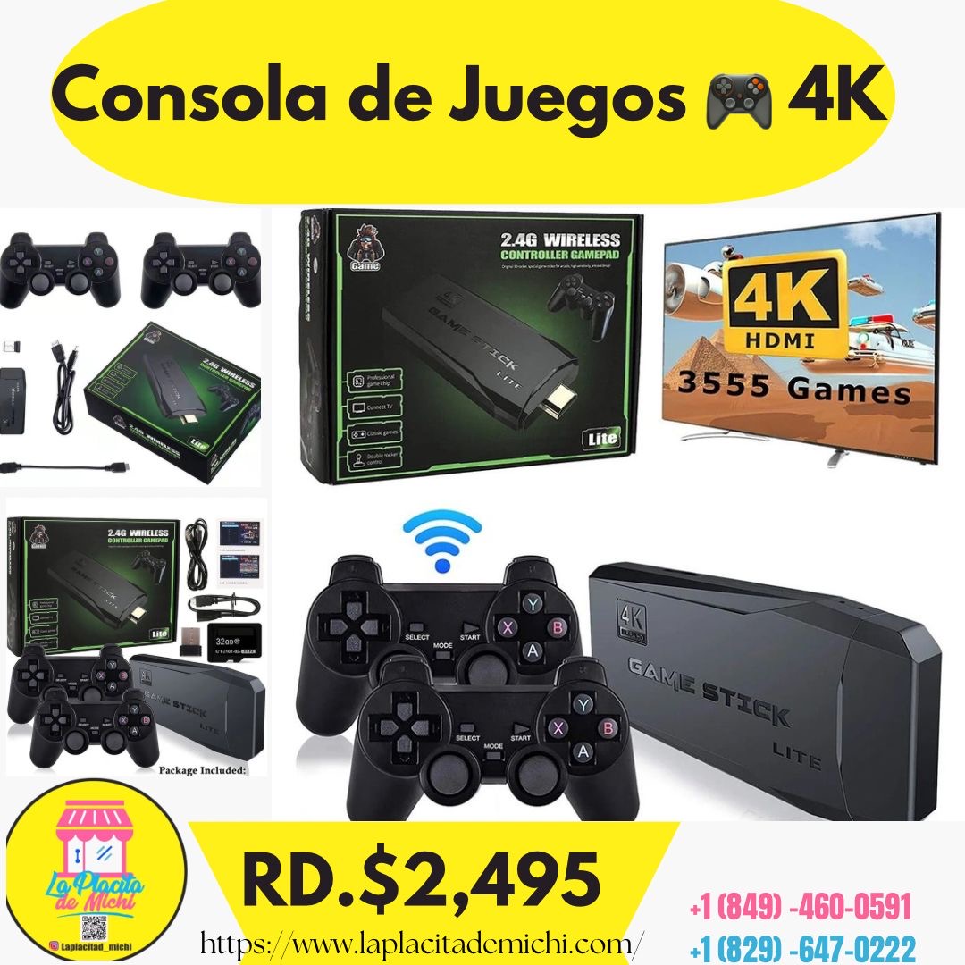 4K Ultra HD Game Stick Lite 2.4G
💰RD$1,995
Consola de Juegos 🎮 4K
Con Salida HDMI y 2 Controles incluye ( 10.000 Juegos Diferentes.)
- 2 Controles (no incluye batería)