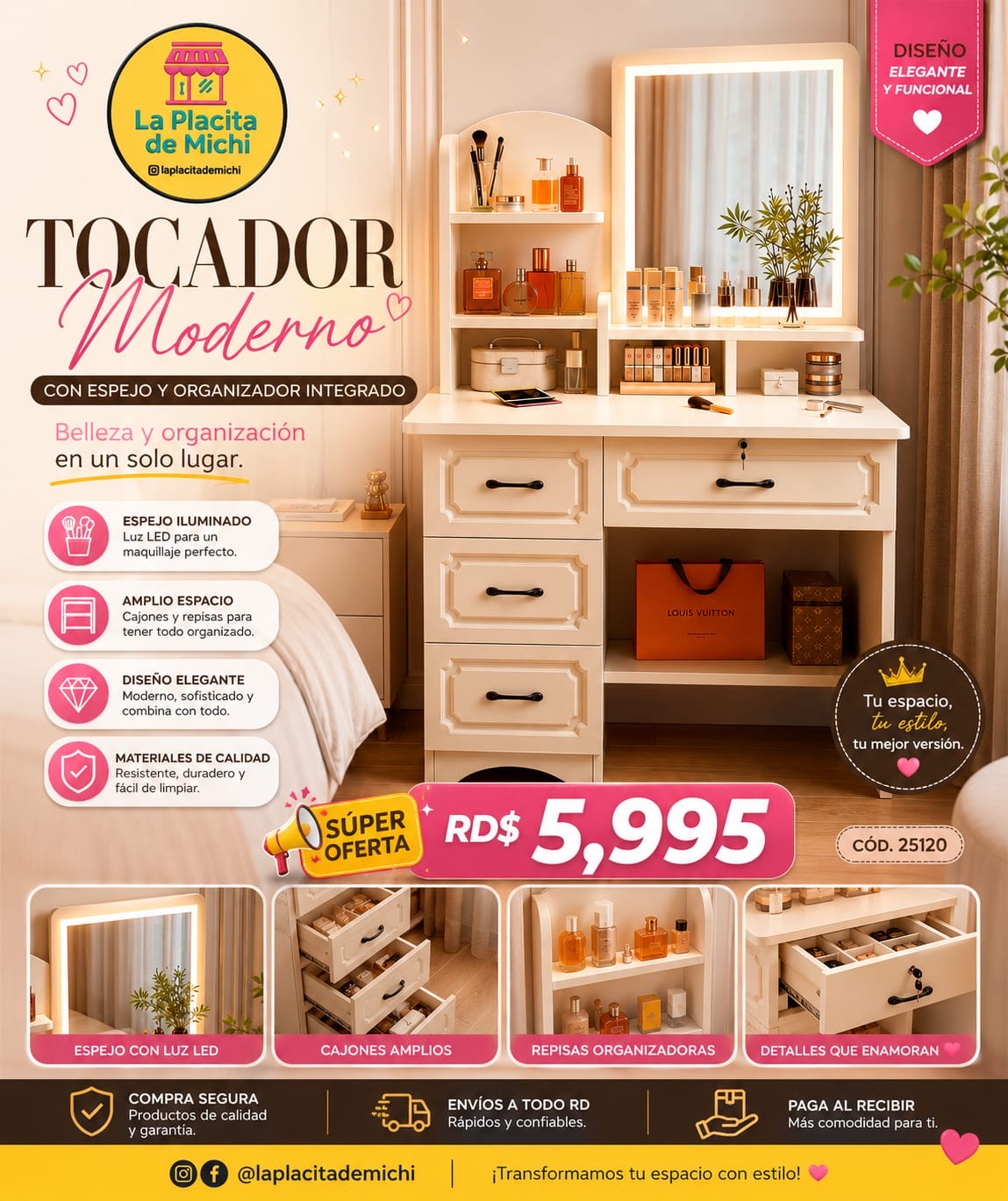 ✨🪞 TOCADOR MODERNO CON ESPEJO Y ORGANIZADOR INTEGRADO ✨🪞
🆔 (Cod. 25120)
💰RD$5,995
📏 Medidas: 128 x 80 x 40 cm