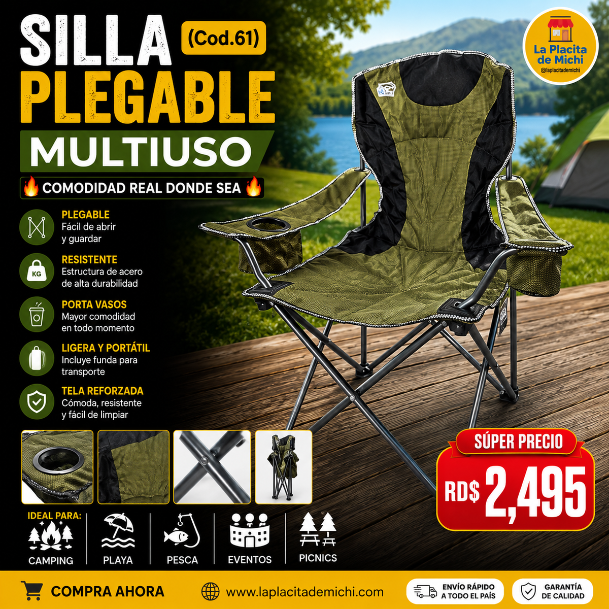🪑🔥 SILLA PLEGABLE MULTIUSO – COMODIDAD REAL DONDE SEA 🔥🌴
(Cod.61)
💰 RD$2,495