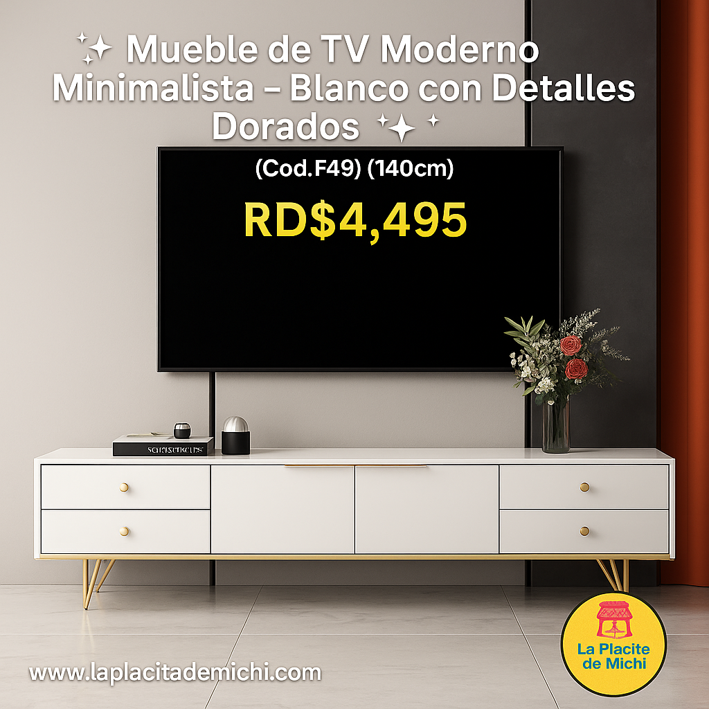 🧼✨ Mueble de TV Moderno Minimalista – Blanco con Detalles Dorados ✨🧼 (Cod.f49) (140cm)
💰RD$4,495